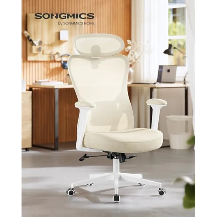 SONGMICS Bürostuhl ergonomisch, Schreibtischstuhl, Computerstuhl, verstellbare Lenden- und Kopfstütze, bis 150 kg belastbar, höhenverstellbar, sandbeige OBN066LF01 – Bild 4