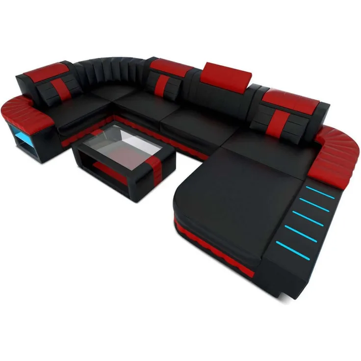 Sofa Dreams - Mini Designer Wohnlandschaft Bellagio Led U-Form - Ledermix - Schwarz-Rot - Rechts