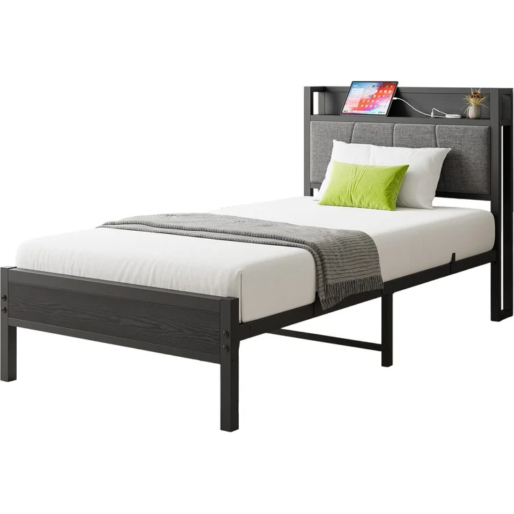 Einzelbett aus Metall mit USB-Anschlüssen & Stauraum-Kopfteil, ohne Matratze, 90x200 cm, Schwarz – Bild 10