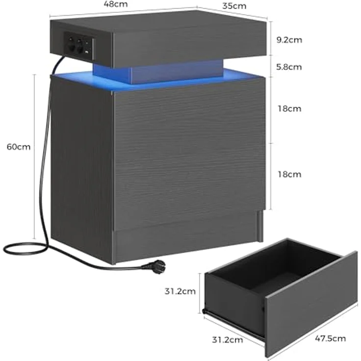 IRONCK Nachttisch Grau mit LED-Licht & Ladefunktion, Beistelltisch mit USB+Typ-C Anschlussen, Nachtschrank mit 2 Schubladen, Sofatisch für Schlafzimmer, Wohnzimmer, 35 x 48 x 60 cm – Bild 4