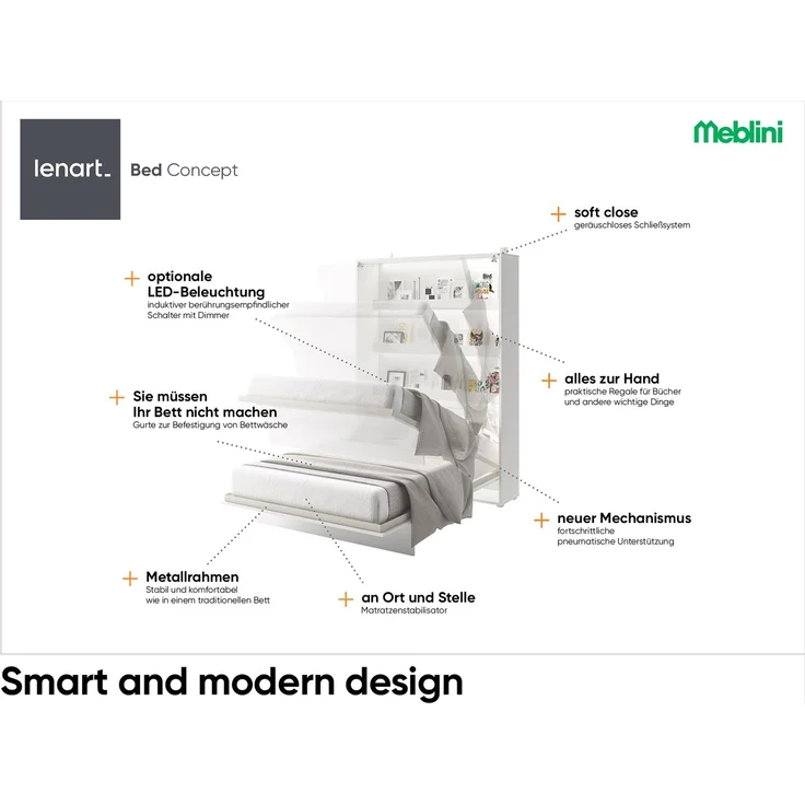 MEBLINI Schrankbett BC-12 - 160x200cm Vertikal - Weiß Hochglanz/Dunkelgrau mit Matratze - mit Sofa - Wandbett mit Lattenrost - Klappbett mit Schrank - Wandklappbett - Murphy Bed – Bild 6