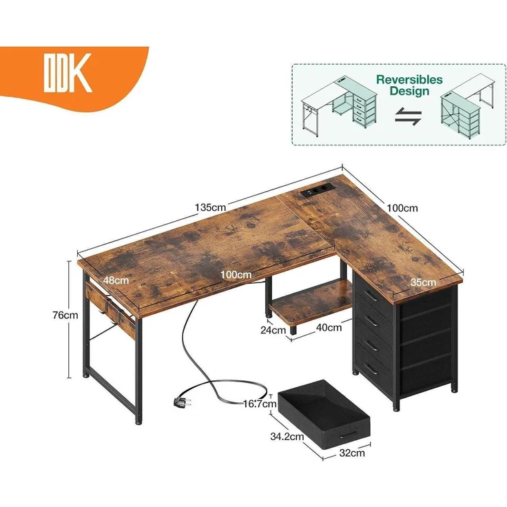 Eckschreibtisch L Form mit Schubladen und USB-Anschluss Vintage-Braun – Bild 2
