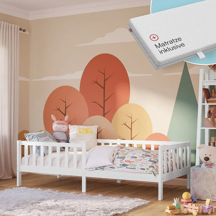 Bellabino 'Vere' Kinderbett 90x200 cm mit Matratze, weiß, Massivholz Kiefer, Jugendbett mit Rausfallschutz und Lattenrost – Bild 1