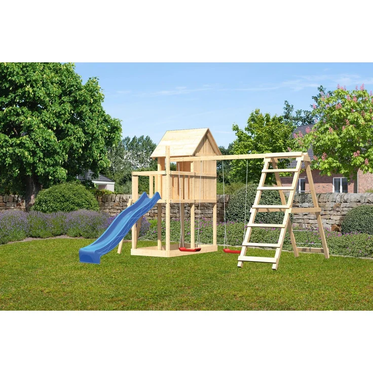 Karibu Kinderspielhaus Frieda Set Aktion2 naturbelassen mit Anbau, Doppelschaukel, Klettergerüst und Rutsche blau – Bild 7