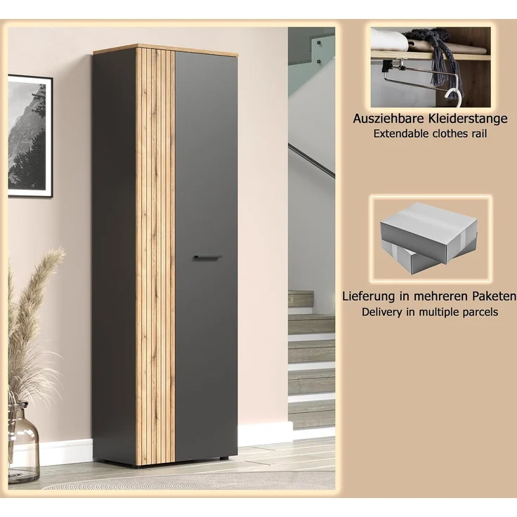 'Esteban' Garderobenschrank / Schuhschrank, Holz, grau und Eiche Evoke, 195 x 36 x 60 cm – Bild 13