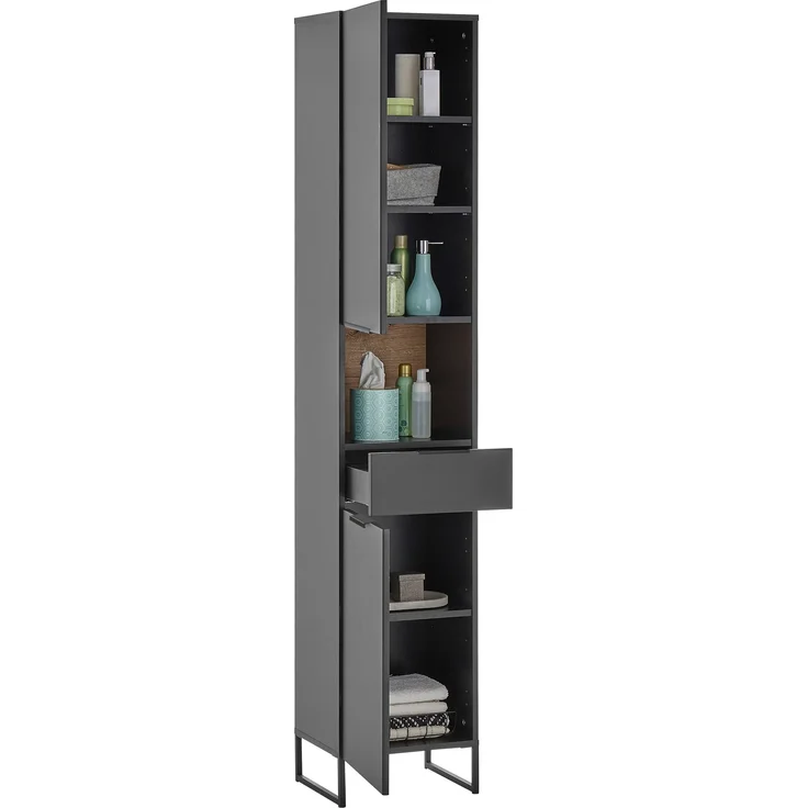 Hochschrank >Denver< 2 Türen, 1 Schublade, schwarz / eiche dekor - 38x195x32cm (BxHxT) – Bild 2