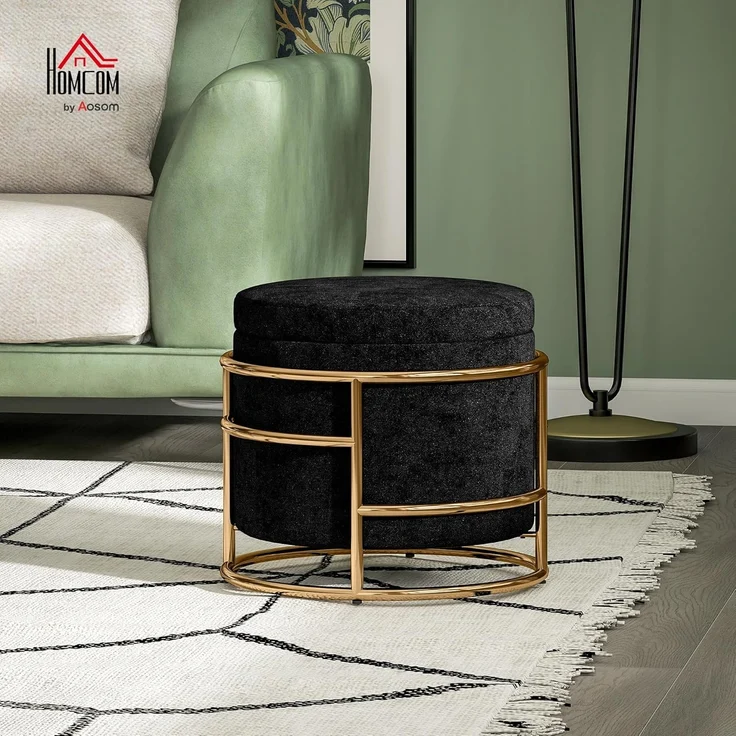 HOMCOM Sitzhocker mit Stauraum, Kleiner Hocker mit Deckel (Fußhocker, 1 St, Polsterhocker mit Stahrahmen), für Wohnzimmer Schlafzimmer, 42 x 42 x 39 cm, Schwarz – Bild 2