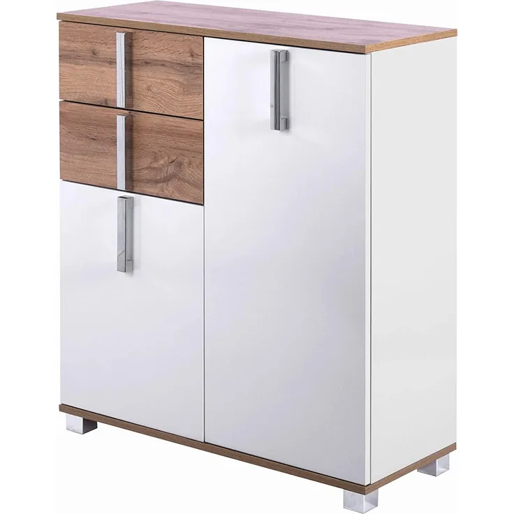 Schildmeyer Seitenschrank Luca 135872, weiß glanz/Eiche Landhaus Dekor, 80,6/32,0/94,8