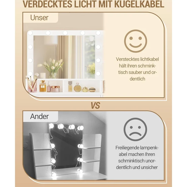 Schminktisch mit 10 LED-Beleuchtung, Hocker, Frisiertisch mit Große Spiegel, Schminktische mit Stecker, Und Haartrocknerhalter, Und Mehreren Schubladen, Weiß, 40 × 108 × 139cm – Bild 7