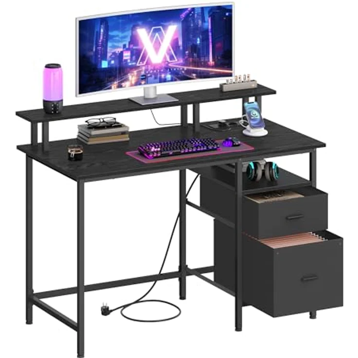 VASAGLE Gaming-Schreibtisch, mit Schubladen aus Stoff, Computertisch mit Bildschirmhalterung, Mehrfachsteckdose, 2 USB-Anschlüsse, für Heimbüro, 120x60 cm, Schwarz Holz LWD093B01V1 – Bild 1