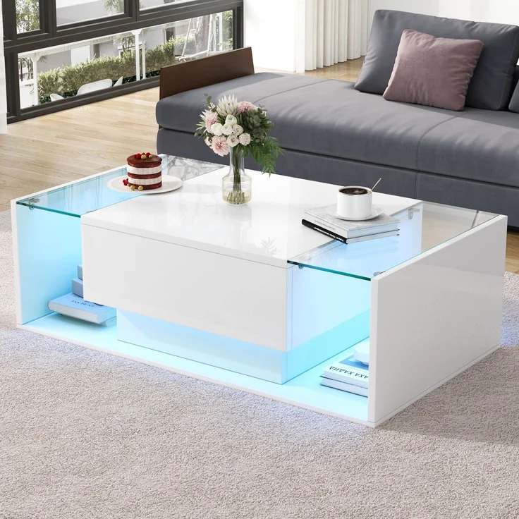 Quadratischer Couchtisch 100 x 50 x 31 cm, Hochglanz Weiß,gehärtetes Glas, 1 Schublade, halboffener Stauraum,mit LED-Lichtleiste – Bild 2