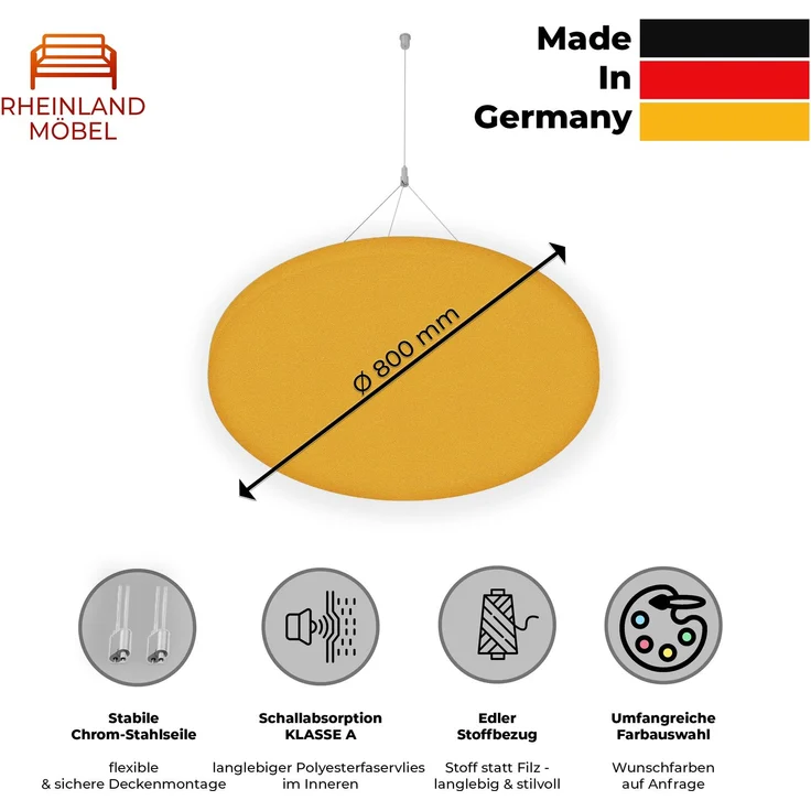 Rheinland Möbel FocusWall DAR08 – Runder Akustik-Deckenabsorber Ø 80 cm in Stofffarbe Solano inkl. Chrom-Stahlseilen - Made in Germany - Klasse A, Stoffbezug, schwer entflammbar – Bild 2