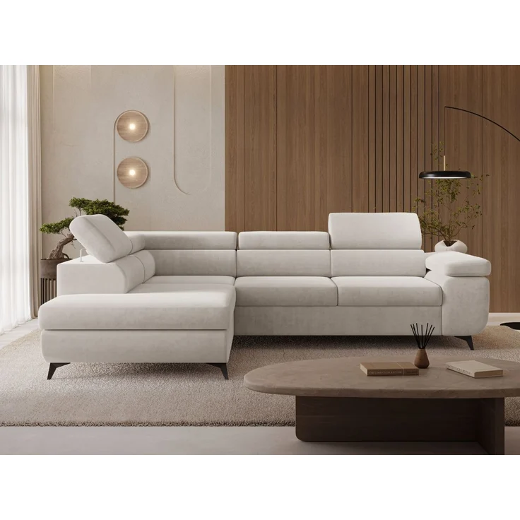 GRAINGOLD Ecksofa ARGON mit Bettfunktion, Bettkasten, Einstellbaren Kopfstützen, Velvet-Stoff, Hellbeige, Rechts – Bild 1