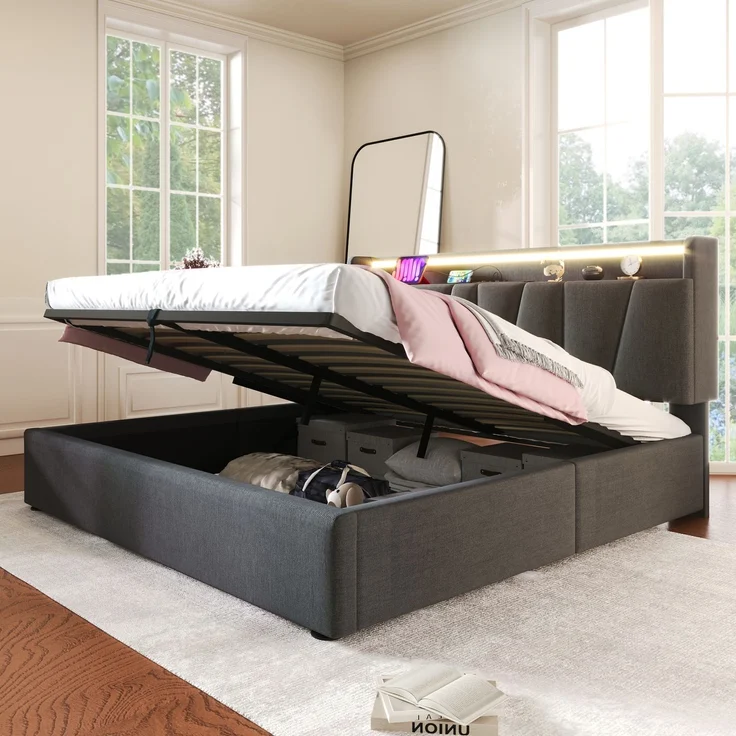 Polsterbett 160x200 cm mit Steckdosen, USB, RGBW-LED-App-Steuerung, Stauraum-Kopfteil & Bettkasten, Stoffbett Grau – Bild 3