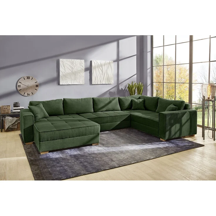 Wohnlandschaft U-Form Sofa Schlaffunktion Couch Bettkasten Cord in Grün – Bild 2