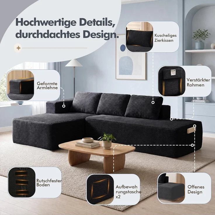 COMHOMA Ecksofa mit Schlaffunktion, 228cm Corduroy Modulares Boneless Couch mit Chaiselongue & Rücken-Metallgestell, L-Form Schlafsofa mit offenem Design, Kissen & Seitentaschen,für Wohnzimmer,Schwarz-R – Bild 8