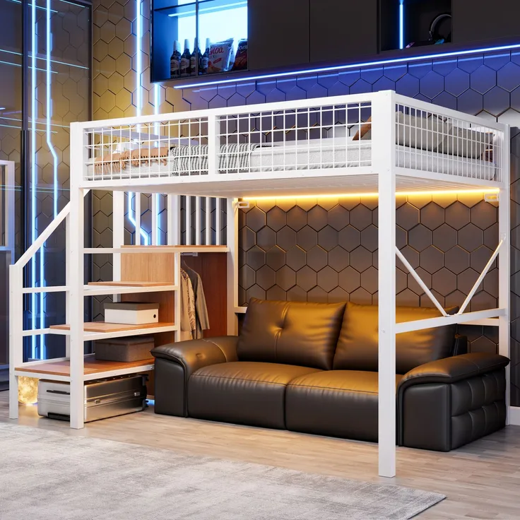 EINHOM Metall-Hochbett 140 x 200 cm, Bettgestell Inklusive Leiter und Stauraum, LED-Beleuchtung, Sicherheitsgeländer aus Metallgitter, Weiß (Ohne Matratze)