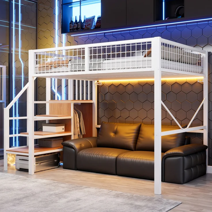 EINHOM Metall-Hochbett 140 x 200 cm, Bettgestell Inklusive Leiter und Stauraum, LED-Beleuchtung, Sicherheitsgeländer aus Metallgitter, Weiß (Ohne Matratze) – Bild 1