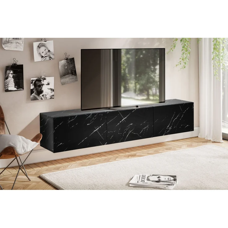 Lowboard Hängend Marmor-Optik Schwarz 160x30x30cm TV-Schrank Klapptüren Modern – Bild 3