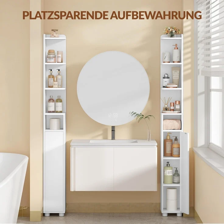 Badezimmerschrank Schmal, Toilettenschrank, Badschrank mit Verstellbare Einlegeböden, Badmöbel für Kleine Bäder, 20 x 20 x 177 cm, Weiß – Bild 3