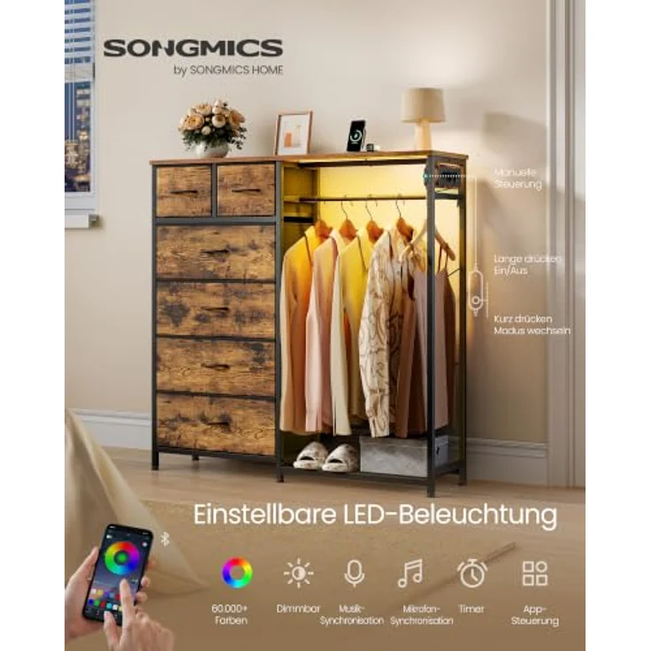 SONGMICS Kommode mit 6 Stoff Schubladen und Kleiderstange, mit LED-Beleuchtung und Steckdosen, Kleiderstange und Schuhablage, 102,7 x 35 x 117,6 cm, für Schlafzimmer, Rustikales Braun LGS523K102 – Bild 3
