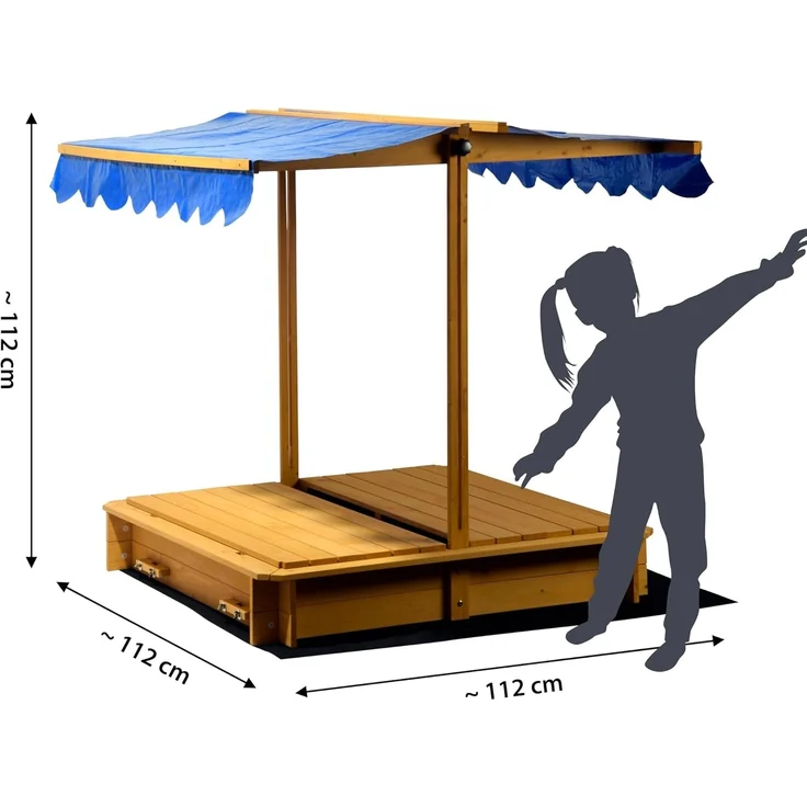 Sandkasten mit schwenkbarem Dach, Sitzbänke, Bodenplane, verschließbare Sandkiste aus Holz für Kinder, 120 x 120 x 120 cm, hellbraun – Bild 2