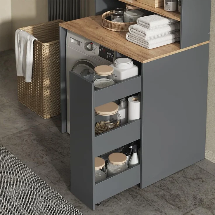 Waschmaschinenschrank Viktor Anthrazit/Goldkraft Eiche 93.6 x 88.2 cm 2 Teile mit Rollregal Vicco – Bild 4