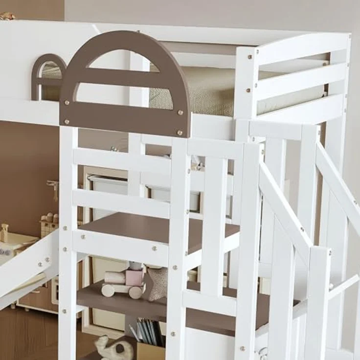 Odikalo Hochbett 90x200 Kinderbett mit Rutsche und Stauraum (Etagenbett, Kinderbett Mit Fenster, Mit Kinderrutsche, Treppen mit Handlauf, Mit 2 Schließfächer in der Treppe, Vielseitiges Design, Reichlich Stauraum, Kiefer+MDF, Weiß+Braun, 90x200cm) – Bild 8