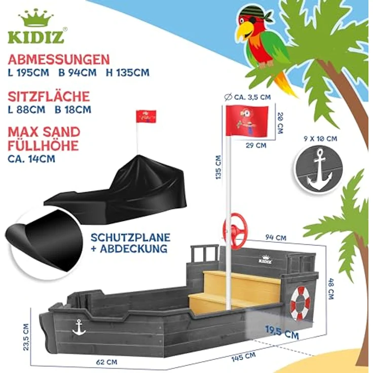 KIDIZ® Sandkasten Ahoi - Piratenschiff, Holz Anthrazit, 195 x 94 x 136 cm – Bild 8