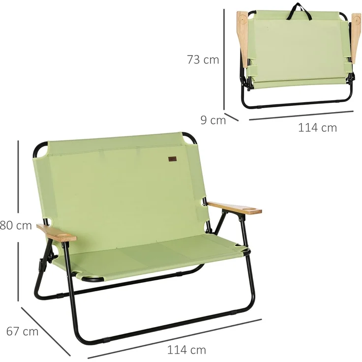 Outsunny Campingstuhl Gartenstuhl, 2-Sitzer Regiestuhl (Klappstuhl mit Getränkehalter, 1 St), für Outdoor, max. Belastung 160 kg, Hellgrün – Bild 2