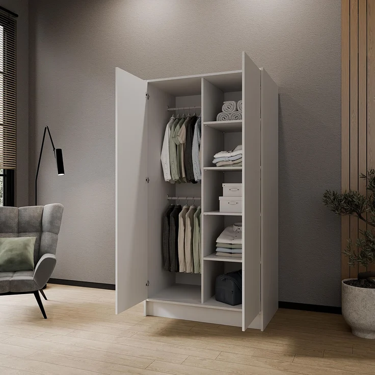 MEBLINI Kleiderschrank GALINDA 100cm - Weiß Matt - griffloser Drehtürenschrank ohne Spiegel - Push-to-Open - mit Kleiderstangen und Regalböden – Bild 3