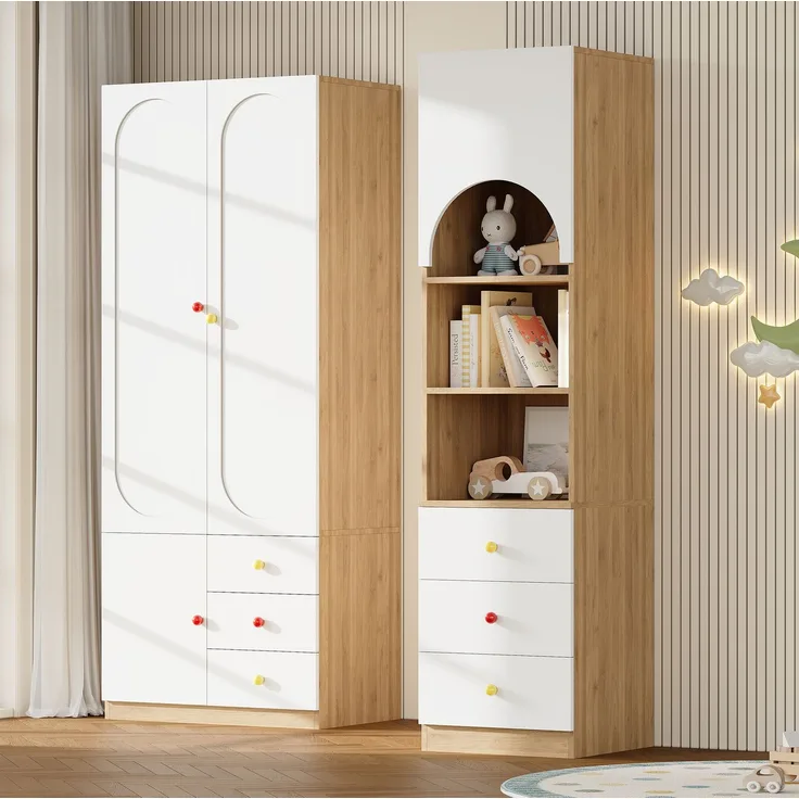 CHICFURN Kleiderschrank-Set 80x200x50 cm mit 2 Türen und Ablageregal 50x200x50 cm Weiß+Natur