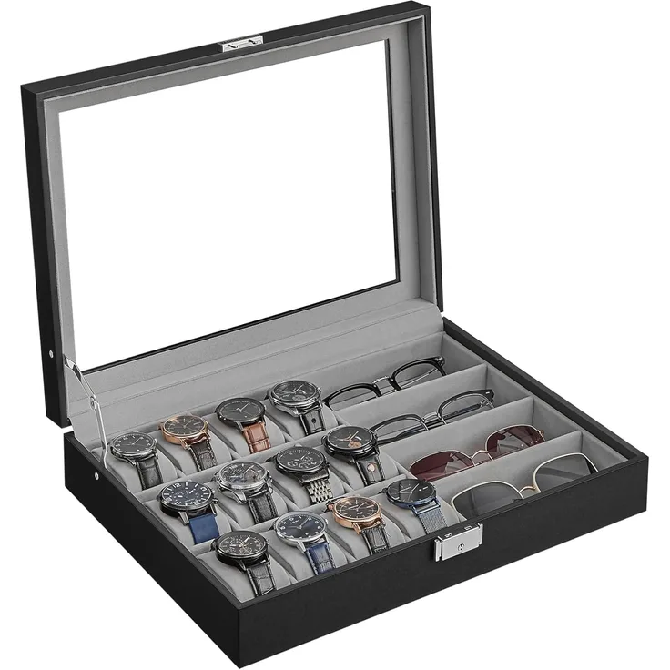 SONGMICS Uhrenbox, abschließbarer Uhrenkasten, Uhrenkoffer, Organizer für Uhren, mit 16 Fächern, Glasdeckel, Geschenk für die Liebsten, PU-Bezug in Schwarz, Samtfutter in Taubengrau JWBDE112G01