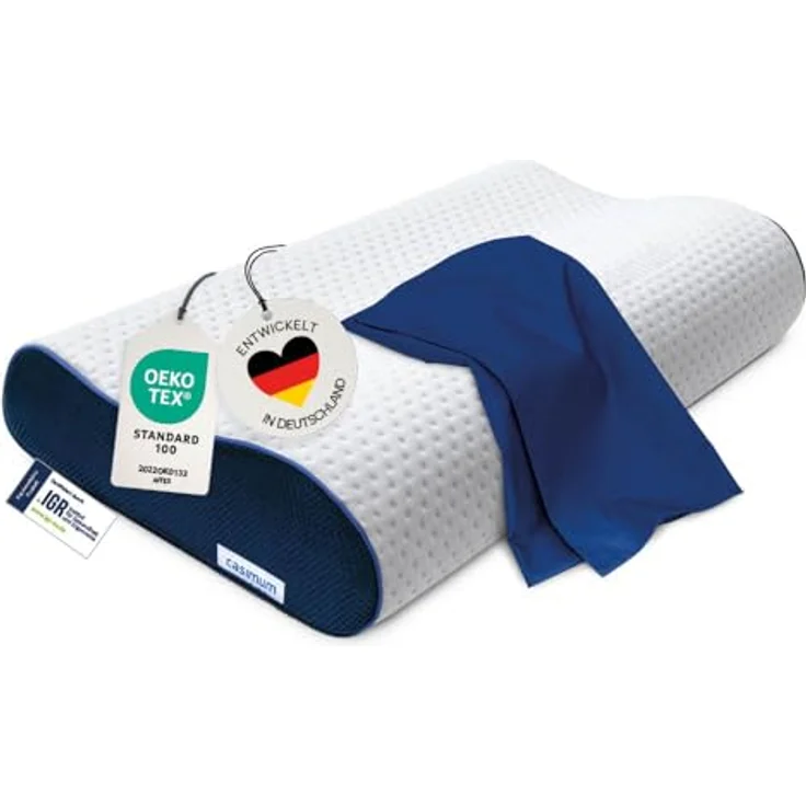 casimum Nackenstützkissen Orthopädisch mit atmungsaktivem Klimabezug, Füllung: Memory Foam, Bezug: Blau, Seitenschläfer, Rückenschläfer, ergonomisches Nackenkissen, höhenverstellbar 60x30 blauer Bezug – Bild 2