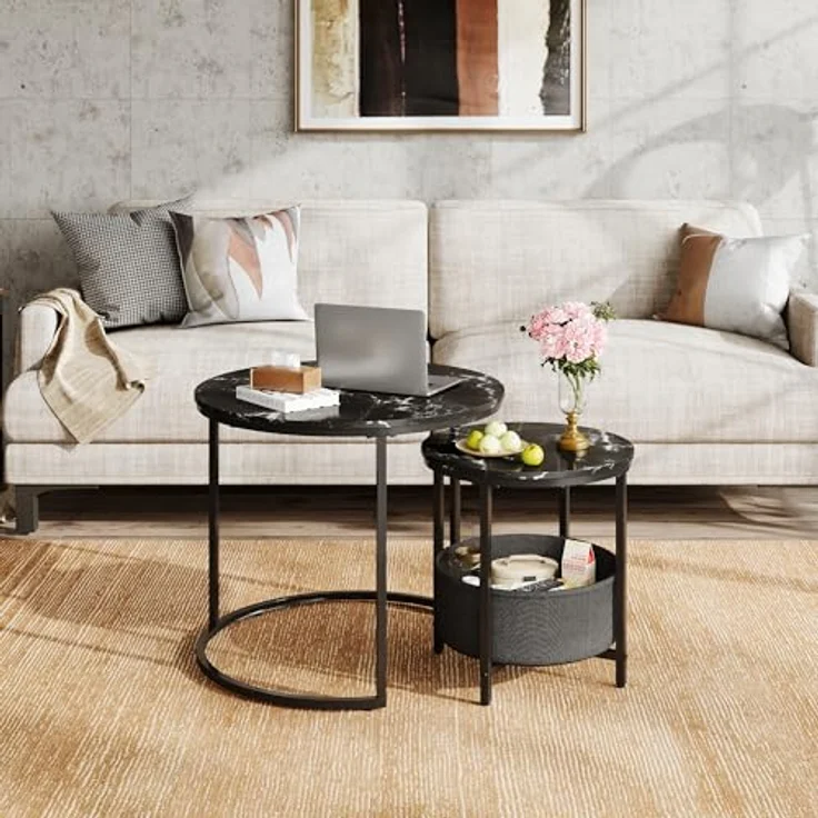 WLIVE Couchtisch 2er Set, Beistelltisch Rund mit Stauraum, Wohnzimmertisch Holz mit Metallrahmen, Sofatisch für Wohnzimmer Schlafzimmer, (Marmor Schwarz, 60 cm und 40 cm Durchmesser) – Bild 3
