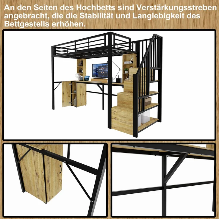 Hochbett 90×200 cm mit Rausfallschutz, Schreibtisch, Stauraum und USB-Anschluss, Schwarz, ohne Matratze – Bild 7