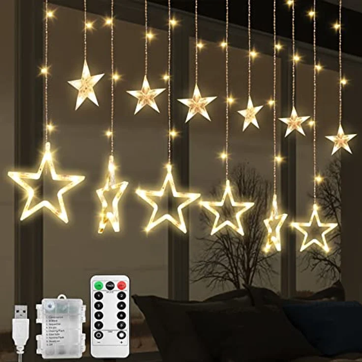 Lichterkette Sterne, 138 LEDs 2.5m Weihnachtslichterkette, Lichterkette Innen/Außen, Wasserdicht Weihnachtsbeleuchtung mit 12 Sterne und 8 Modi, Weihnachtsdeko Für Fenster, Balkon (A - Warmweiß) – Bild 2