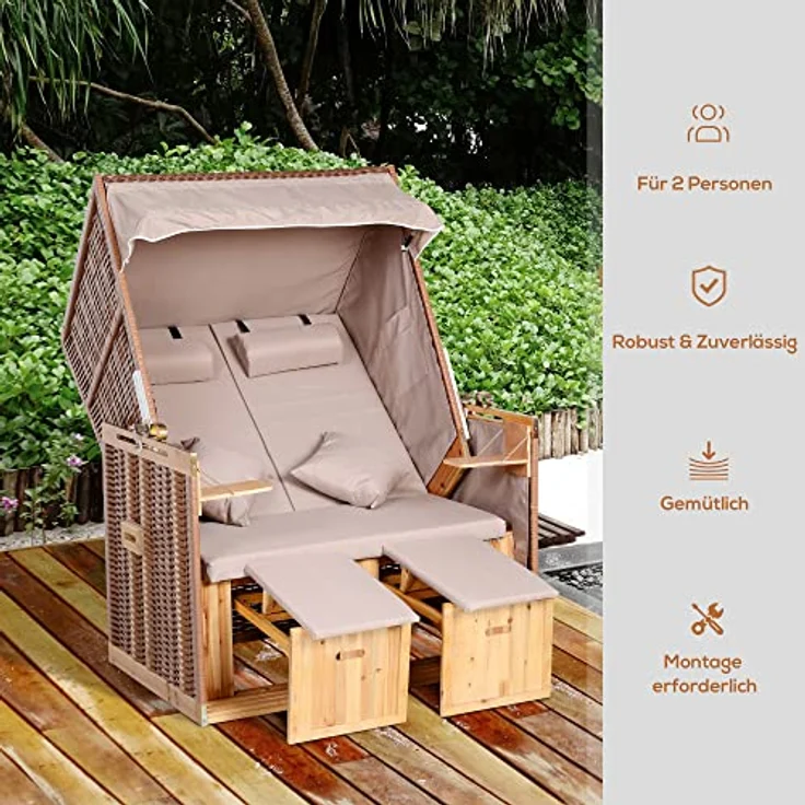 Outsunny Strandkorb Volllieger Gartenliege mit Klapptischen, verstellbarer Rückenlehne und Fußstützen, PE Rattan Beige 118 x 79 x 50 cm – Bild 7