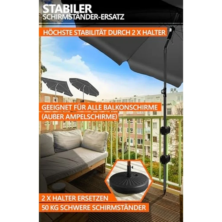4smile Sonnenschirmhalter Balkongeländer SunnyBoy - 2er Set, Schwarz - Sonnenschirm Halterung Balkon, flexibel verwendbar - Schirmhalterung Balkongeländer ersetzt Sonnenschirmständer Balkon – Bild 4