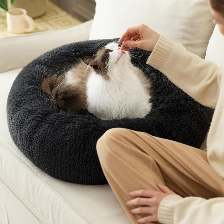 BEDSURE Hundebett waschbar Flauschiges Katzenbett - Ø 50 cm Donut Kissen, Katzenschlafplatz für Katzen Kleine Mittelgroße Hunde, Plüsch Katzenkissen Rund Kuschelbett Katzen Bettchen, Dunkelgrau – Bild 8