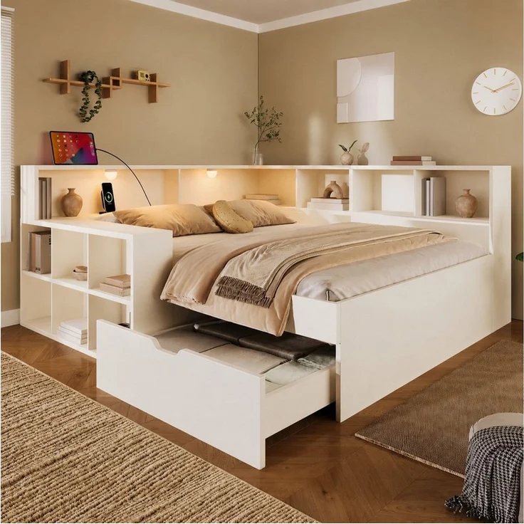 Celya Holzbett Tagesbett, Funktionsbett mit Stauraum und Leselicht (ohne Matratze, mit Schubladen und Offenem Regal), mit Drei USB-Anschlüsse und ein Typ-C-Anschluss – Bild 1