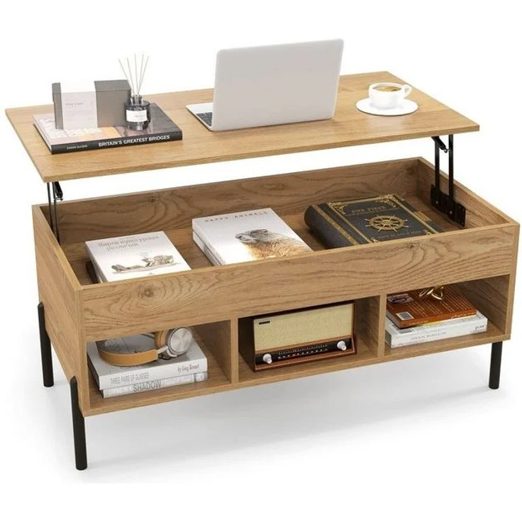 COSTWAY Couchtisch, höhenverstellbar, anhebbar, mit Stauraum & Fächern, Holz – Bild 4