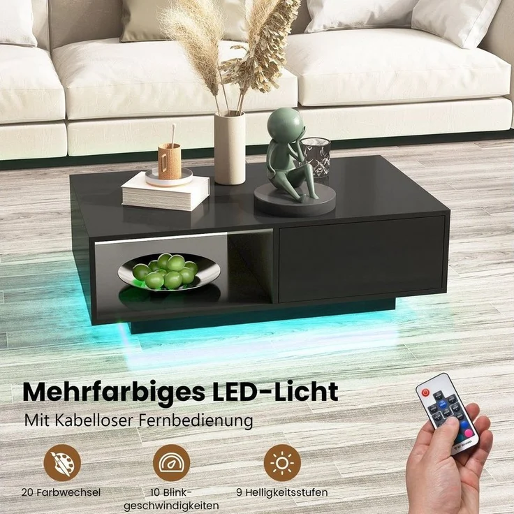 COSTWAY Couchtisch, mit 20 Farben LED-Beleuchtung, Fernbedienung, Schublade – Bild 2