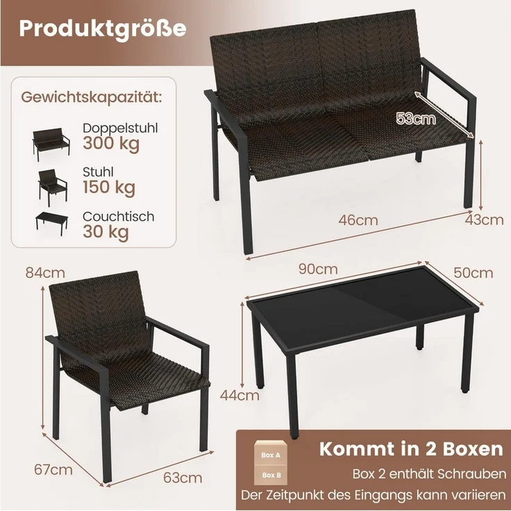 COSTWAY Gartenlounge-Set, (4-tlg), Balkonset PE Rattan, mit 2 Stühlen, Bank & Tisch – Bild 2