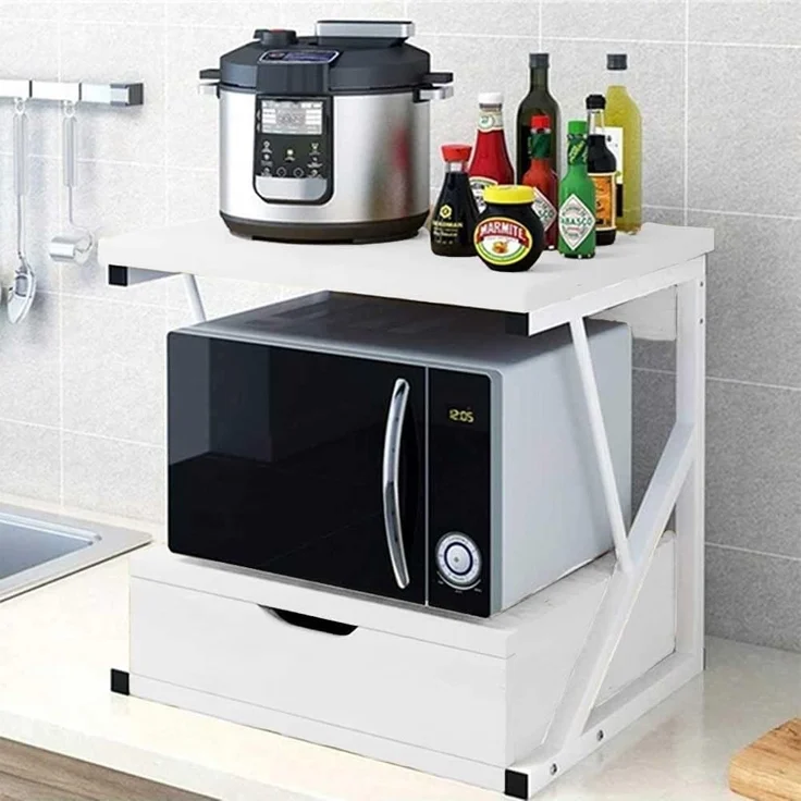 BAKAJI Regal für Mikrowelle, Gestell aus Metall, mit Ablage aus MDF-Holz und Schublade, Organizer, Regal für Utensilien, Küche, modernes Design, 54 x 35 x 50 cm (Weiß), Medium – Bild 1