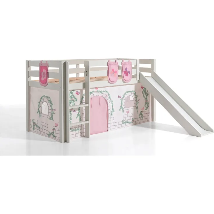 Vipack Spielbett 'PINO' inkl. Rutsche, weiß 90x200 cm, mit Textilset 'Birdy' mit Vorhang und 3 Taschen