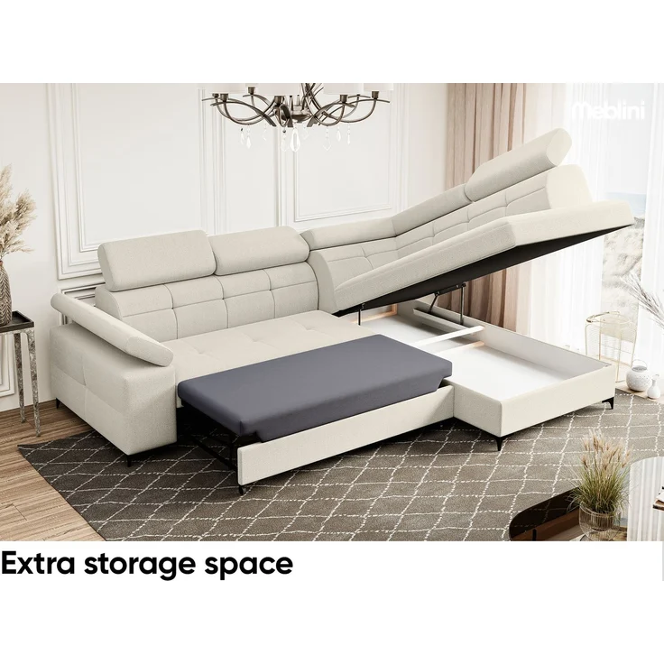 MEBLINI Schlafcouch mit Bettkasten - Ecksofa mit Schlaffunktion - Sofa mit Relaxfunktion - Couch L-Form - Eckcouch - Wohnlandschaft - BERGAMO - 274 x 203 x 83 cm Rechts - Creme Samt Modesto – Bild 4