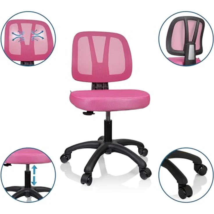 hjh OFFICE 736421 Kinder Schreibtischstuhl Kid YU 200 Netz Drehstuhl mit atmungsaktiver Rückenlehne, Rosa – Bild 5