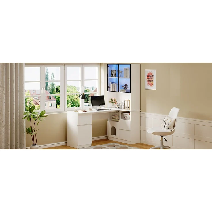 ZUBALIYA Eckschreibtisch mit Regal und LED-Vitrinenschrank 120×80×180 cm – Schreibtisch mit Kabeldurchlass, 3 Schubladen, 2 Türen, offenen Fächern,Ein Eckschreibtisch mit eingebautem Bücherregal ,Weiß – Bild 12