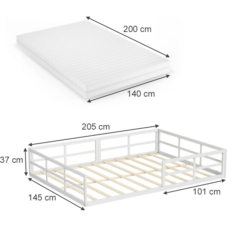 Bodenbett aus Metall Minno Weiß 140x200 mit Matratze Vitalispa – Bild 2